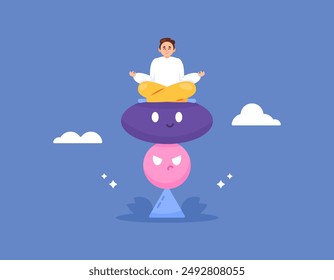 the concept of emotional balance and stress control. emotional stability. managing emotions and thoughts. illustration of man meditating on stacked stones. flat style design. graphic elements