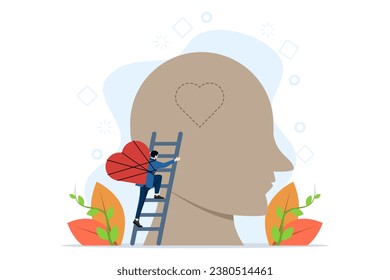 The concept of emotional intelligence and the ability to understand feelings and emotions, mental health, balance between thoughts and emotions, man with his heart climbing the stairs to his head.