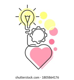 Concept of Emotional Intelligence. Empathy. Light bulb, heart and gear illustration. Flat style outline illustration. 