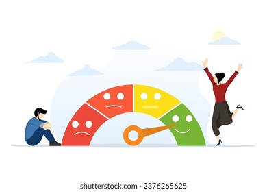 Concept of emotional overload, stress level, fatigue, increased productivity, tiring, boring, positive, employee frustration in work. character is on a mood scale. Vector illustration in flat design.