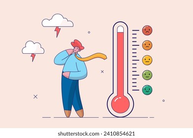 Concepto de sobrecarga emocional, nivel de estrés, agotamiento, aumento de la productividad, agotador, aburrido, positivo, frustrante empleado en el trabajo. Hombre cerca del icono de la diferencia de escala emocional del termómetro. Vector plano.