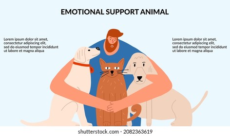 The concept of emotional support by animals. The man hugs the animals. Positive Mental Therapy. Template, banner. Vector illustration