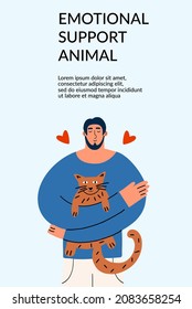 The concept of emotional support by animals. A man hugs a cat. Positive Mental Therapy. Vector illustration