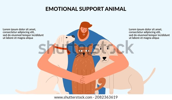 The concept of emotional support by animals.
The man hugs the animals. Positive Mental Therapy. Template,
banner. Vector
illustration