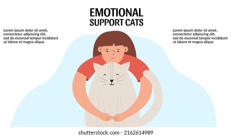 The concept of emotional support cats. Positive Mental Therapy. Girl hugging a cat. Template, banner. Vector illustration
