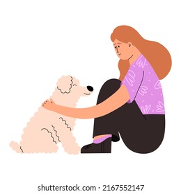 The Concept Of Emotional Support Dog. Positive Mental Therapy. The Girl Strokes The Pet. Vector Illustration