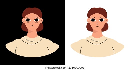 Concept of emotions before and after. Cartoon cute girlish face. Woman with a sad and joyful face. Isolated vector
