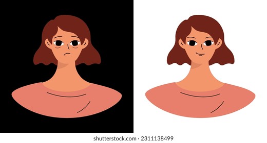 Concept of emotions before and after. Cartoon cute girlish face. Woman with a sad and joyful face. Isolated vector
