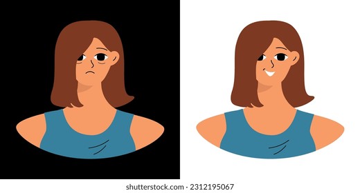 Concept of emotions before and after. Cartoon cute girlish face. Woman with a sad and joyful face. Isolated vector
