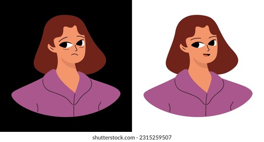 Concept of emotions before and after. Cartoon cute girlish face. Woman with a sad and joyful face. Isolated vector
