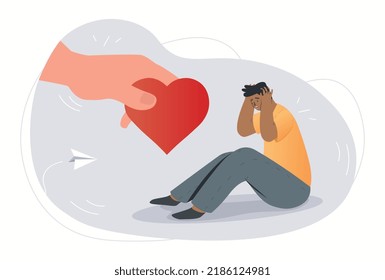 Concept Of Empathy. Hand Holds Out Heart To Crying Young Guy. Care And Support. Kindness And Benevolence, Character Calms Man. Donation And Help, Share Feelings. Cartoon Flat Vector Illustration