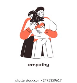 Concept of empathy. Young woman cares about crying sad girl. Friend hugs, supports. Fellow comforting, consoling, soothing grief person. Flat isolated outline vector illustration on white background