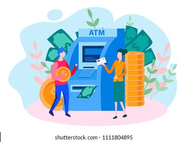 Konzept Mitarbeiter einer Bank mit Kunden ATM für Web-Seite, Banner, Präsentation, soziale Medien, Dokumente, Karten, Plakate. Geld, Verwaltung der Investitionen in Karten Vektorgrafik Geld, Verwaltung