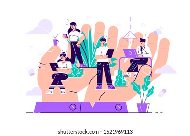 Concept of employee care. Giant hands holding tiny office workers. Wellbeing at work or workplace. Perks and benefits for personnel. Support of professional growth. Flat style vector illustration.