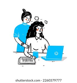 Concept of employee care. Professional support, work balance and wellbeing and protection. Flat vector illustration. Tired and exasperated office worker is grabbed his head among piles of papers.