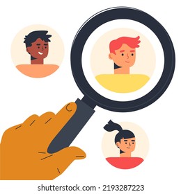 Concept of employee search. Hand holding magnifying glass and custom icons for website and advertising banners. Flat design vector business illustration. 