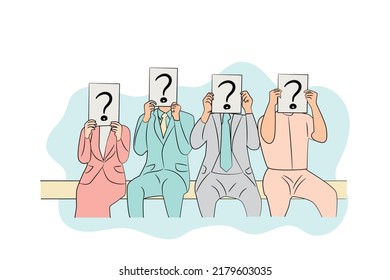 Concept for employee selection process. Candidates holding white billboard with a question mark on it and waiting for job interview. Vector illustration design