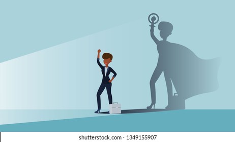 A concept for Empowering afro women in the form of women in the role of superhero in shadow. Business woman flat vector illustration. Emancipation, feminism.