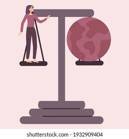 The concept of empowerment. A woman and the globe in the balance. Equality in the world. Feminism and gender equality. Vector illustration in a flat linear style