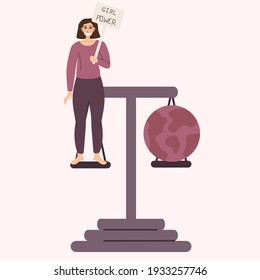 The concept of empowerment. A woman and the globe in the balance. Equality in the world. Feminism and gender equality. Vector illustration in a flat linear style