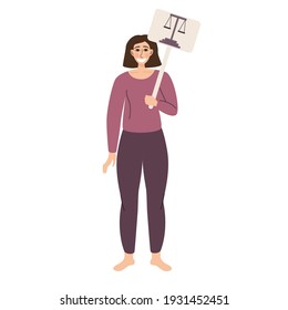 The concept of empowerment. A woman with a sign on the scales of justice. Feminism and gender equality. Vector illustration in a flat linear style