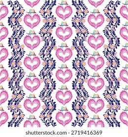 Concepto: Jardín encantado de afecto eterno Este patrón sin fisuras presenta un motivo central de vibrantes y coloridos tortolitos encaramados como parejas en una rama compartida, colocados delicadamente sobre corazones ornamentados y emplumados. Estos corazones están representados en un tono rosa suave con detalles de filigrana intrincados. Están flanqueadas por enredaderas de Vertical de hojas de color azul marino profundo y Pequeñas flores de color rosa, creando un flujo visual equilibrado y rítmico. El concepto destaca la belleza del compañerismo y el delicado entrelazamiento de la naturaleza y el romance.

Tema: Sofisticado Antiguas Romance El tema es Classic Antiguas Romance con un toque de elegancia moderna. El uso de un llamativo contraste azul marino contra el rosa pastel y el blanco crea una sensación decorativa de alta gama que recuerda a los lujosos Fondos de pantalla de damasco o textiles finos. Este diseño es perfecto para temas de amor, paz y belleza natural, lo que lo convierte en una opción ideal para la marca del Día de San Valentín, papelería de bodas, empaques de regalo de lujo y decoración de interiores.