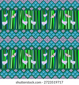 El concepto de esta obra de arte es un viaje caprichoso a través de un jardín secreto, donde el movimiento orgánico de las mariposas se encuentra con la precisión del diseño geométrico. El patrón presenta Horizontales bandas de exuberantes cañas verdes y azules Verticales, que sirven como santuario para las delicadas mariposas rosas y amarillas en vuelo. Estas secciones inspiradas en la naturaleza están equilibradas por intrincadas filas de celosías en forma de diamante en suave rosa y azul, creando un flujo visual rítmico que simboliza la armonía entre la naturaleza salvaje y la elegancia estructurada.
Tema: Botánica contemporánea y caprichosa decoración de Folk El tema es arte botánico contemporáneo, que mezcla verdes tropicales vibrantes con suaves acentos pastel. Este patrón utiliza un enfoque "maximalista" para las capas, lo que lo hace rico en detalles e interés visual. Es altamente versátil e ideal para textiles para el hogar con temática primaveral, Fondo de pantalla infantil, ropa de moda femenina, empaques de regalo creativos y materiales de marca que buscan evocar una sensación de alegría, libertad y belleza natural.
