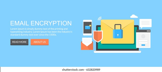 Concept of encryption of emails, data security, protection and authentication flat vector banner with icons and texts