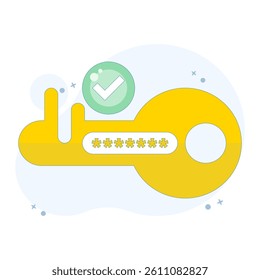 Concept of encryption key or security key. Password or security code to protect and access the system. Technology. Key with code symbol and check mark. Minimalist design illustration.