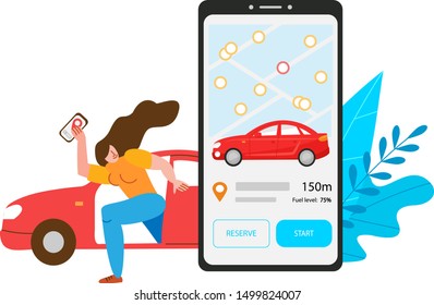 The concept of the end of a car sharing trip.  On the smartphone screen, app with the selected machine, map and information