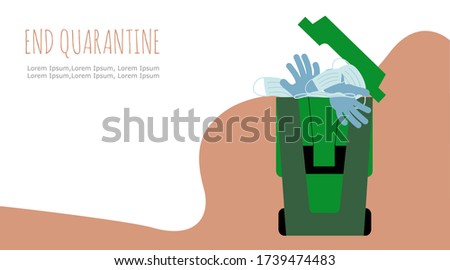 The concept of the end of the global pandemic. Disposable medical masks and gloves in the trash. Proper waste disposal without polluting around you.