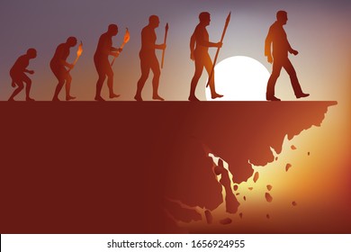 Concept of the end of the world with the symbol of the evolution of the man of Darwin which leads to the destruction of the planet and the disappearance of the human species.