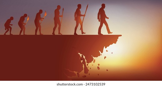 Concept of the end of the world with the symbol of the evolution of the man of Darwin which leads to the destruction of the planet and the disappearance of the human species.