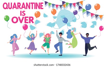 Concept of ending pandemic. People celebrate the end of quarantine, throw masks in the air. coronavirus epidemic covid-19. Banner. Ending quarantine. Quarantine canceled.