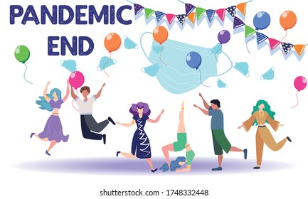 Concept of ending pandemic. People celebrate the end of quarantine, throw masks in the air. coronavirus epidemic covid-19. Banner. Ending quarantine. Quarantine canceled.