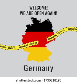 Concept of ending the quarantine,  coronavirus epidemic and Opening of borders in Germany. Victory over COVID-19. National flag of Germany in form of map. Yellow stripes, torn ribbons. 