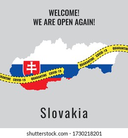 Concept of ending the quarantine,  coronavirus epidemic and Opening of borders in Slovakia. Victory over COVID-19. National flag of Slovakia in form of map. Yellow stripes, torn ribbons. 