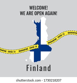 Concept of ending the quarantine,  coronavirus epidemic and Opening of borders in Finland. Victory over COVID-19. National flag of Finland in form of map. Yellow stripes, torn ribbons. 