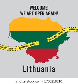 Concept of ending the quarantine,  coronavirus epidemic and Opening of borders in Lithuania. Victory over COVID-19. National flag of Lithuania in form of map. Yellow stripes, torn ribbons. 
