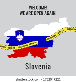 Concept of ending the quarantine,  coronavirus epidemic and Opening of borders in Slovenia. Victory over COVID-19. National flag of Slovenia in form of map. Yellow stripes, torn ribbons. 