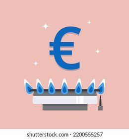 The concept of the energy crisis in Europe. Euro icon over a burning gas stove. Sanctions against Russia. Rising gas prices. Home heating problem