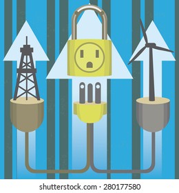 Concept of energy security with renewable and fossil energy plugging in a padlock. The grunge texture is removable from the background.