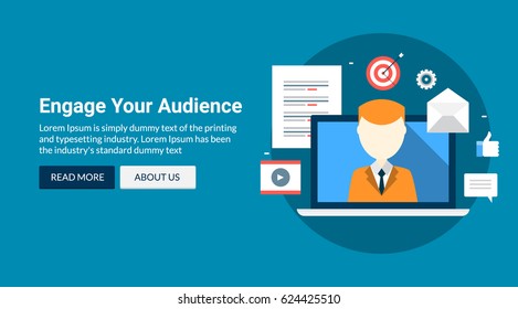 Concept for engaging website audience, behavioral marketing, customer retention flat vector banner with icons