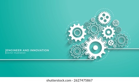 Concept of Engineer and Innovation. Abstract technology background of mechanical engineering. Rotating mechanism of round parts.Cogs and gear wheel mechanisms. Vector illustration.