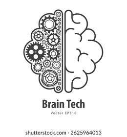 Concept of Engineer and Innovation. Brain Tech. Gears and cogs brain and human brain. Human and Artificial Intelligence. Innovations powered by machine learning and Deep learning. Vector illustration.