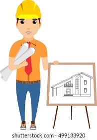The concept of an engineer standing near the drawing to the house and holding in his hand blueprints. Happy guy. Cartoon vector illustration. Isolated on a white background.