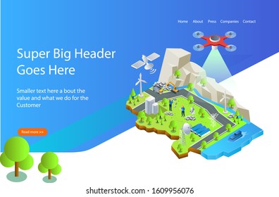 Concept engineers,  cartographers and surveyors make geodetic measurements using a drone isometric map, copter and theodolite.