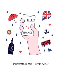 Concept of English language app for course or dictionary. Hand holds smartphone with educational app and England landmarks logos around. Vector Illustration