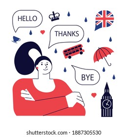 Concepto de curso o escuela de inglés. Estudiante con logotipos de marcas inglesas alrededor. Ilustración vectorial