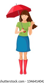 The concept of enjoying in any weather. Young woman with umbrella is smiling and checking if the rain stop. Vector illustration.